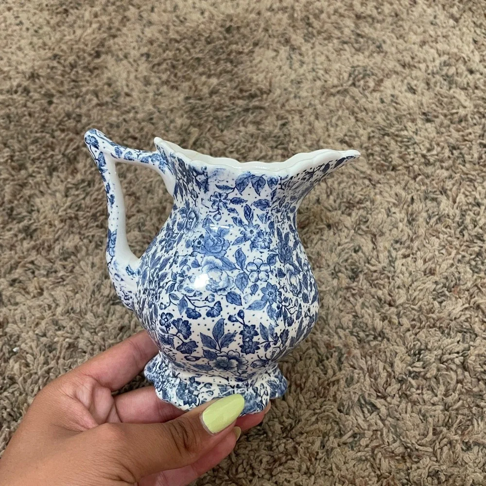 Vintage Blue Chintz Ceramic Pitcher and Hexagonal Plate‎ Set Farmhouse Chic READ